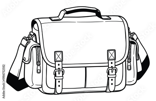 Black and white line drawing outline of a classic leather messenger bag with buckles and zippers, perfect for educational materials, school, or travel applications