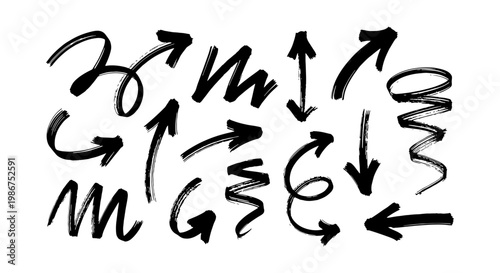 Hand drawn brush stroke arrows set, black ink grunge arrow collection, decorative charcoal pointer vector elements for creative design