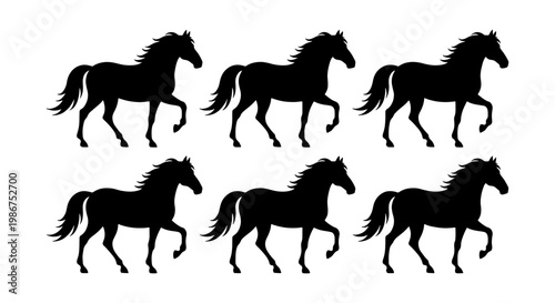 Black horse silhouette collection, set of 6 stallion vector icons, walking mustang silhouettes for equestrian logos and ranch branding