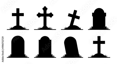 Gravestone silhouette icons set, spooky cemetery headstone vector collection, 8 black tombstone symbols for Halloween and funeral design