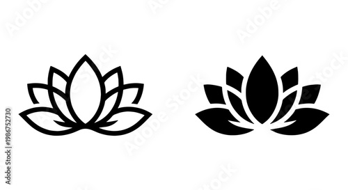 Minimalist lotus flower vector icons, black floral silhouette and outline set, zen yoga meditation symbols for wellness branding and spa logos