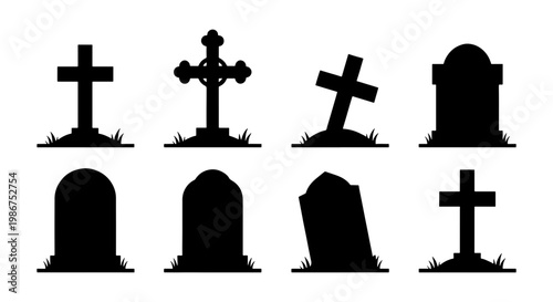 Grave silhouette collection with 8 cemetery icons, spooky tombstone and headstone vector set, black graveyard crosses for Halloween design