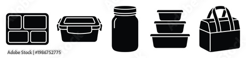 Assorted black silhouette icons of various food storage containers, including a bento box, jar, stacked boxes, and a lunch bag, perfect for meal preparation, school lunches, or picnic