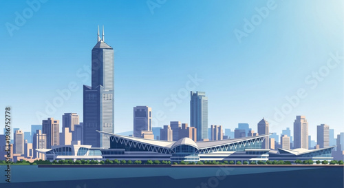 Modern convention center and skyscrapers in a city skyline architectural illustration for business and travel concepts clear blue sky backgro