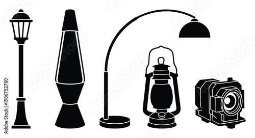 Collection of diverse lighting fixtures and vintage film projector silhouettes for various graphic design projects, educational materials, and decorative purposes