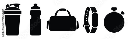 Essential fitness equipment and sports accessories vector icons for health and wellness applications gym websites and active lifestyle workout blogs