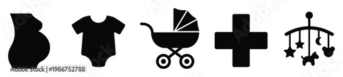 Pregnancy and newborn care symbols including pregnant woman, baby clothes, stroller, medical cross, and baby mobile, perfect for family planning resources and prenatal clinic graphics