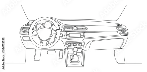 Modern car interior dashboard and steering wheel in a minimalistic one line drawing style, perfect for automotive concepts, transportation graphics, and vehicle technology presentations