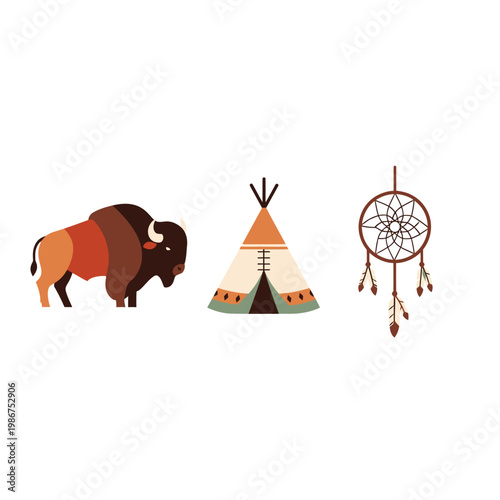 Native American Bison, Tepee, and Dreamcatcher Icons - Flat Design Vector Art