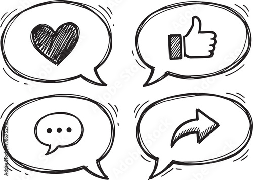 Hand drawn social media icons in speech bubbles: heart like comment share