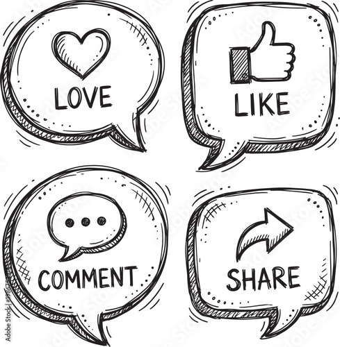 Hand drawn social media icons with text: love like comment share, speech bubble