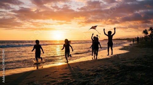 Children play with kite on beach at sunset with friends and family.
