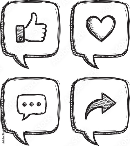 Hand drawn social media icons in square speech bubbles: like heart comment share