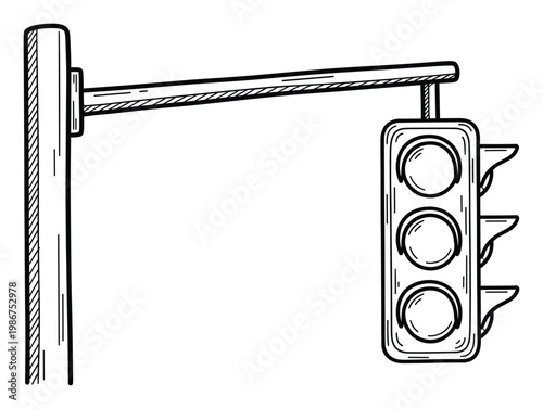 Black and white line art depicting a classic traffic light with three signal circles mounted on a pole, ideal for educational resources and modern design projects requiring a doodle style