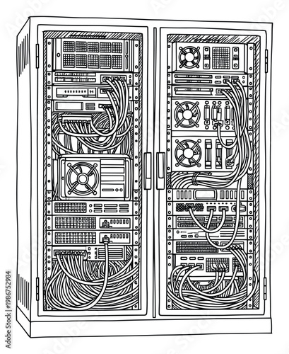 Detailed black and white line drawing depicting an open server rack cabinet filled with various networked hardware components and an intricate maze of cables, perfect for technology and