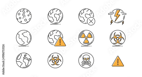 Collection of environmental hazard and warning icons depicting global issues.