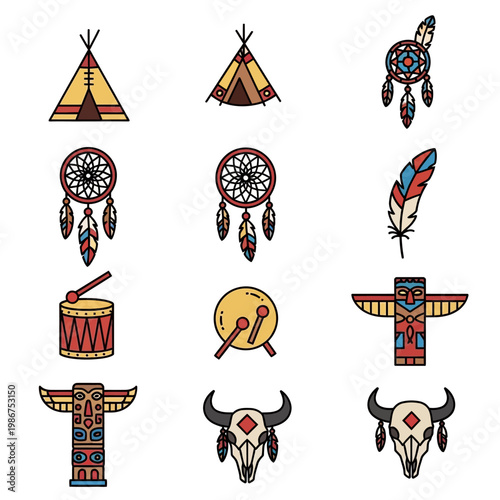 Native American Icon Set: Teepee, Dreamcatcher, Totem Pole, Drum, Feather, Buffalo Skull