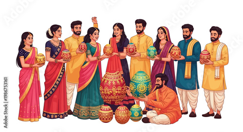 A group celebrates the Indian Easter festival, with the Christian community in India dressed in traditional attire, holding decorated Easter eggs and pots, in a festive atmosphere