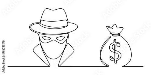 A single continuous line drawing of a mysterious thief wearing a hat and mask with a money bag Vector, illustration