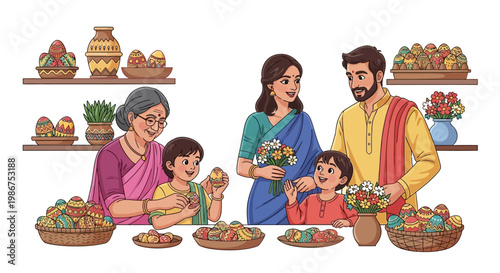 An Indian Christian family celebrates Easter Sunday in a festive atmosphere, decorating colorful Easter eggs together at home, with the mother holding a bouquet of flowers