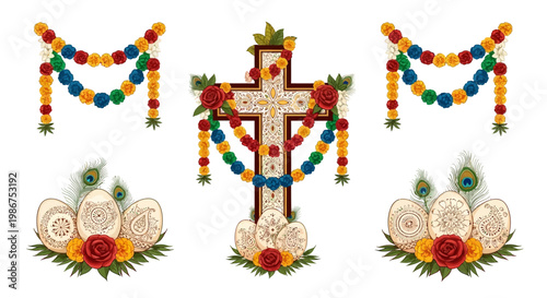 A Christian cross adorned with flowers and Easter eggs, representing the resurrection of Jesus Christ, is set against a clean white background, with colorful marigold garlands