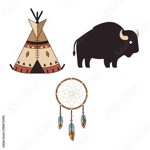 Native American Icons: Teepee, Bison, and Dreamcatcher Collage