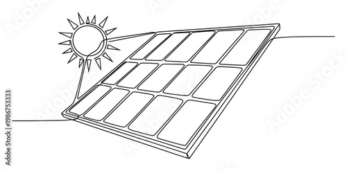Continuous line drawing of a solar panel harnessing sun energy, symbolizing renewable power and sustainable technology for environmental concepts.