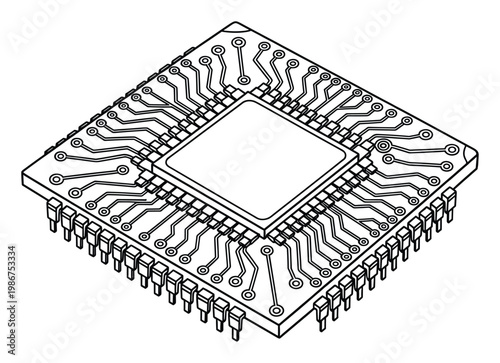Detailed isometric line drawing of an integrated circuit microchip, ideal for technical schematics, computing hardware conceptualization, electronic device component illustrations, and