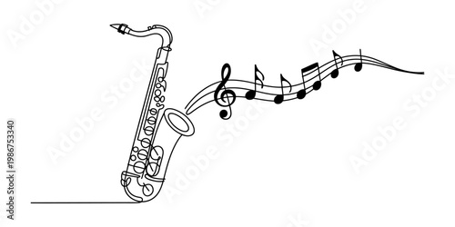 A single line drawing illustration of a saxophone playing music with floating musical notation Vector, illustration