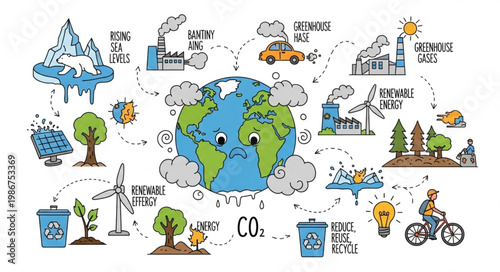 Environmental Awareness Illustration - Earth with Green Energy and Pollution Sources.