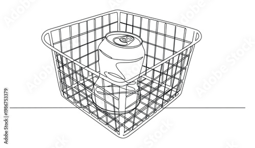 Minimalist continuous line drawing of a metallic beverage can nestled within a grid wire storage basket, suitable for modern packaging concepts and food drink visual content.