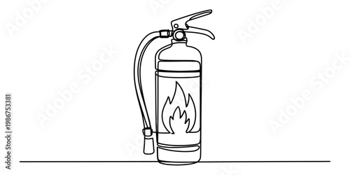 A simple black and white line drawing of a fire extinguisher with a flame symbol on the bottle Vector, illustration