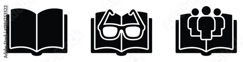 Modern glyph icons featuring an open book, a book with eyeglasses, and a book with people, conveying themes of literature, intellectual pursuit, and community learning for educational