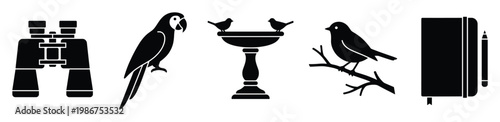 Collection of birdwatching and nature study icons, including binoculars, various bird species, a bird bath, and a journal, perfect for educational materials or outdoor hobbyist guides.