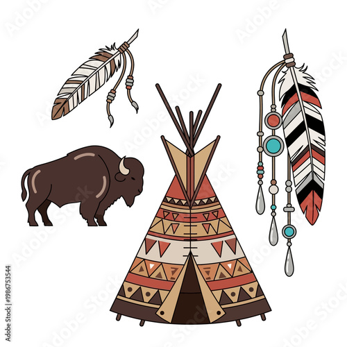 Native American Tribal Art: Buffalo, Teepee, Feather Dreamcatcher Illustration