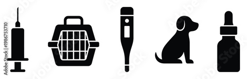 Essential veterinary equipment and pet care supplies featuring a syringe, animal carrier, thermometer, dog, and medicine bottle for animal health content and medical clinic resources.