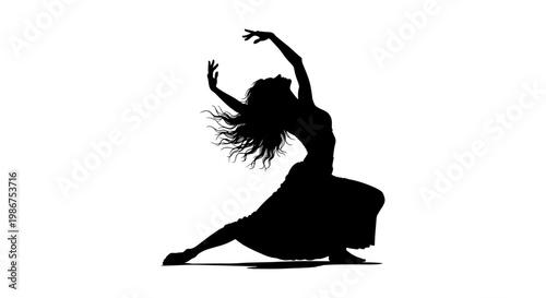 Graceful dancer silhouette with flowing hair, expressive female performer in dynamic pose, elegant black vector illustration on white background