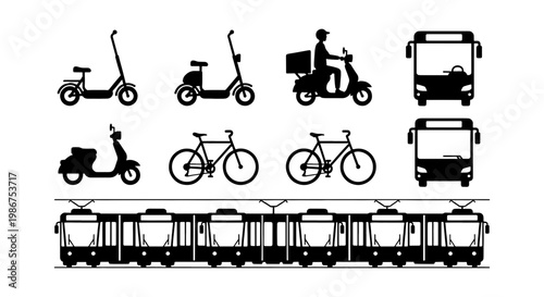 Urban transportation silhouette set, public transit and micro-mobility icons, black vector bus, tram, bicycle, and electric scooter collection