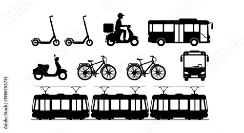 Urban transportation icons set, black silhouette city vehicles, public transit bus and tram vector, electric scooter and bicycle delivery graphics