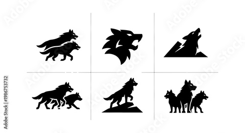 Wolf silhouette logo collection, 6 black animal icons, wild predator mascot set, howling and running wolf pack vector graphics for branding