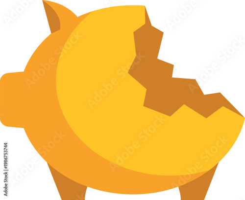 Minimalist yellow piggy bank with a missing section symbolizing financial trouble
