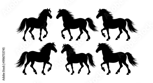 Black horse silhouette collection, set of 6 stallion vector icons, wild mustang galloping profiles, equestrian animal graphics for logo design