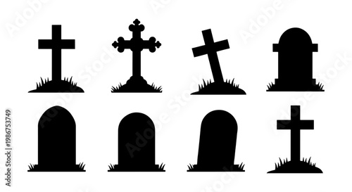Spooky Halloween gravestone silhouettes, set of 8 cemetery headstones and crosses, black graveyard tombstone icons for funeral and horror design
