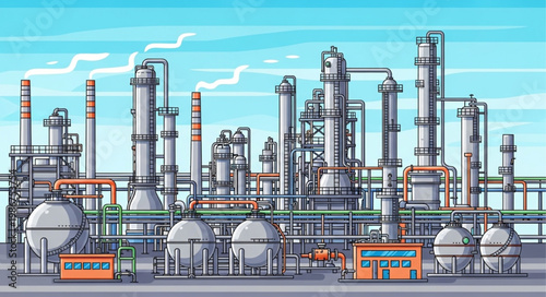 Industrial Complex - A Detailed Illustration of a Large Oil Refinery.