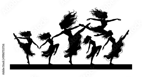 Graceful ballet dancer silhouettes in motion, group of five female ballerinas performing expressive dance, black vector art on white background