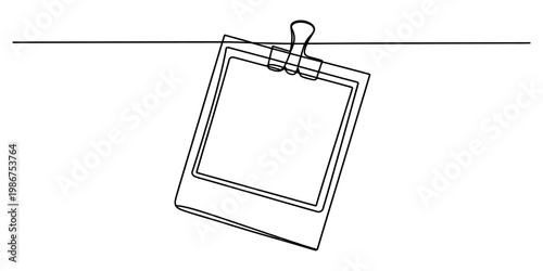 A single line drawing illustration of a square photo frame hanging from a horizontal wire line Vector, illustration