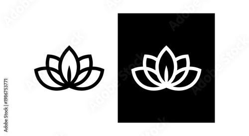 Minimalist lotus flower logo vector, zen floral line art icon set, black and white lily blossom symbols for spa and wellness branding