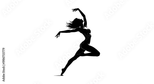Graceful dancer silhouette in mid-air jump, elegant woman performing contemporary dance vector, black female figure in expressive motion