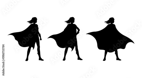 Superhero woman silhouette set, female hero with waving cape in three poses, powerful lady warrior vector icons for leadership and empowerment concepts