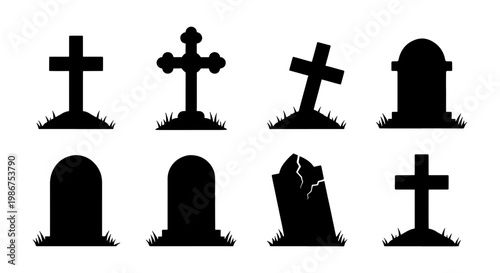 Spooky Halloween gravestone silhouettes, set of 8 cemetery tombstone icons, black graveyard headstone vector elements for horror design